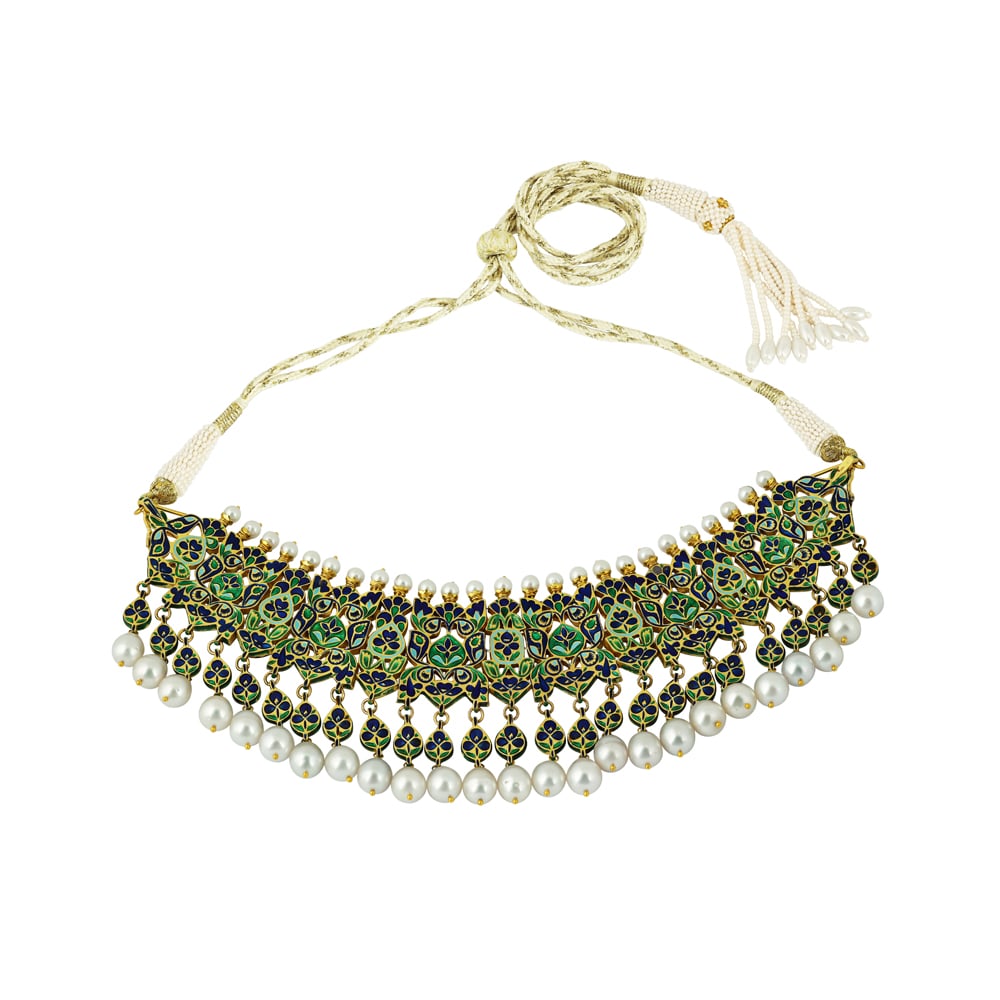 Gold Polki Choker with Pearls and Cascading Drops
